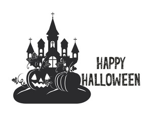 halloween dark castle with pumpkins scene icon