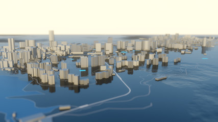 3D illustration. Futuristic City in sunny day