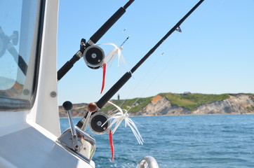 Fishing poles, reels and lures on a charter fishing boat.