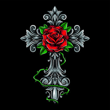 cross with rose ornament vector