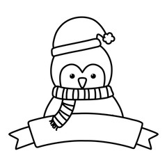 penguin with hat and scarf ribbon celebration merry christmas line style