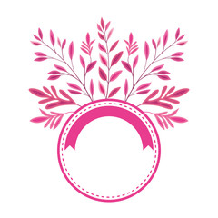 breast cancer campaign ribbon in circular frame with leafs