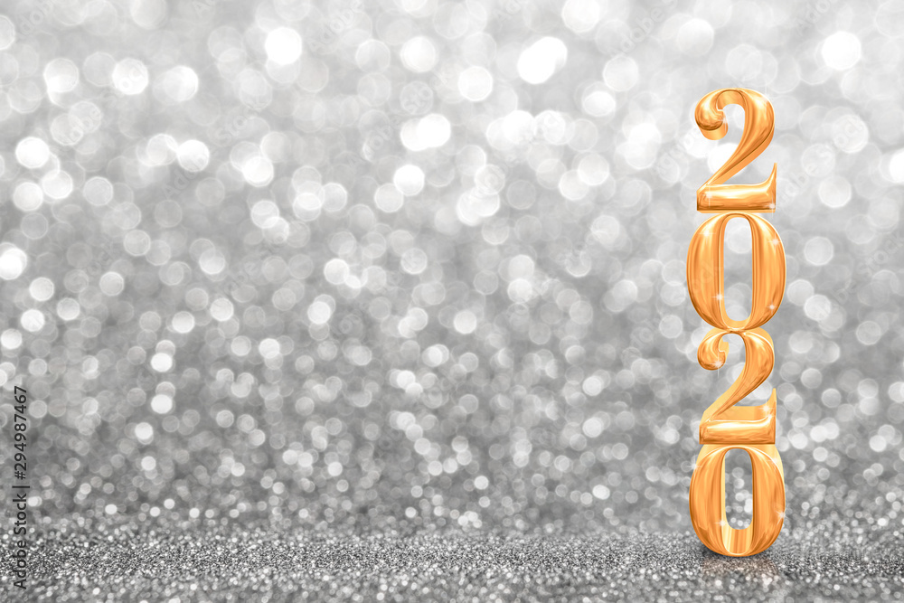 Poster 2020 golden new years 3d rendering at abstract sparkling bright silver glitter perspective backgroun