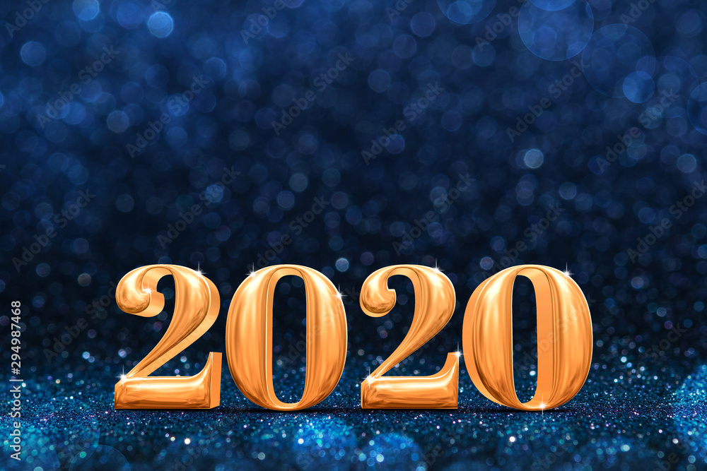 Poster 2020 golden new years 3d rendering at abstract sparkling dark blue glitter perspective background st