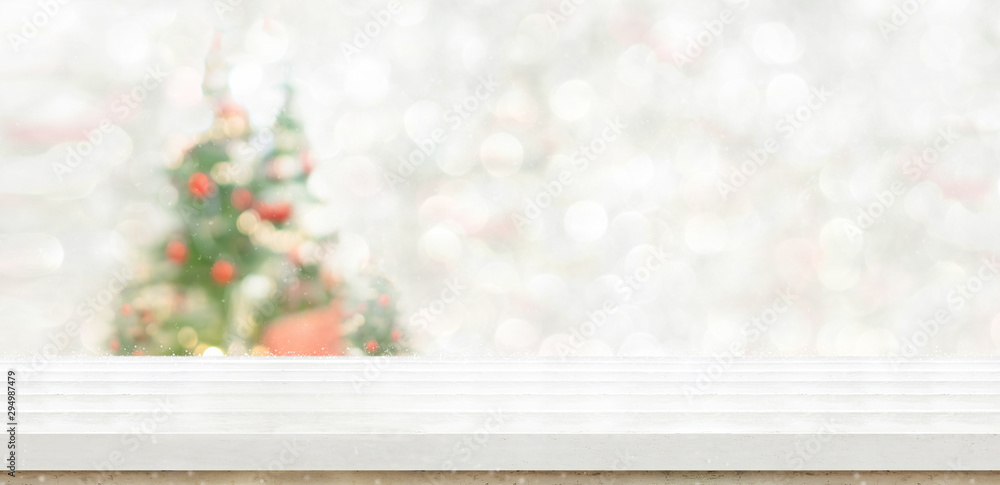 Aufkleber empty white wood table top with abstract warm living room decor with christmas tree string light blu