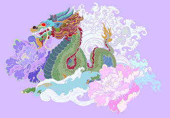 Fototapeta na wymiar Japanese old dragon tattoo for arm.Hand drawn Dragon with peony flower,lotus,rose and chrysanthemum flower and water splash or Japanese wave traditional style.vector illustration Chinese dragon.