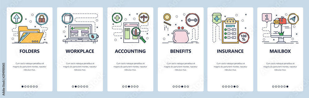 Aufkleber website and mobile app onboarding screens vector template
