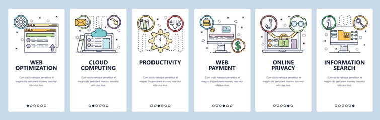 Cloud computing website and mobile app onboarding screens vector template