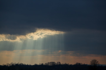 Obraz premium Sun breaks thru clouds onto trees