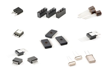 Set of components, LED indicator, capacitor, resistor, diode