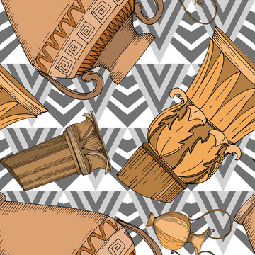 Vector Antique greek amphoras and columns. Black and white engraved ink art. Seamless background pattern.