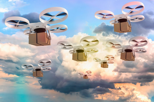 Many Drones Is Delivering Packages - Fast Mail Concept