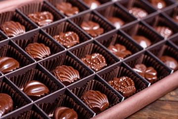 Assortment of fine chocolate candies, white, dark, and milk chocolate sweets background. Copy space. Top view. An assortment of fine chocolates in white, dark, and milk chocolate