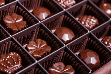 Assortment of fine chocolate candies, white, dark, and milk chocolate sweets background. Copy space. Top view. An assortment of fine chocolates in white, dark, and milk chocolate
