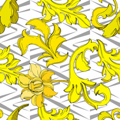 Vector Golden monogram floral ornament. Black and white engraved ink art. Seamless background pattern.