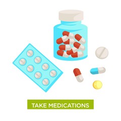 Take medications themed vector with bottle full of capsules and pills in blisters close up