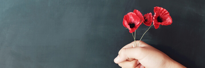 Hand holding red poppy flowers, remembrance day,  Veterans day, lest we forget concept