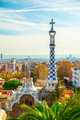 Fototapeta na wymiar Panoramic view of Park Guell in Barcelona, Catalunya Spain.