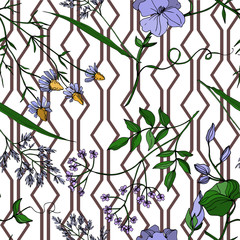 Fototapeta na wymiar Vector Wildflowers floral botanical flowers. Black and white engraved ink art. Seamless background pattern.