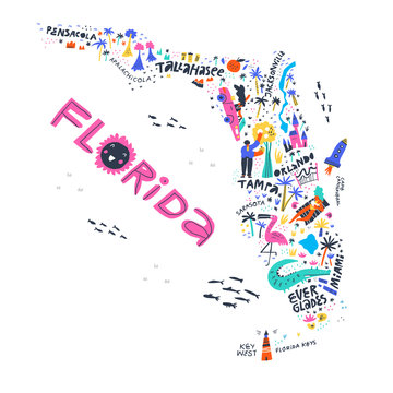 Florida state map top view vector illustration. US city names freehand lettering. American tourist attractions, entertainments, infrastructure. People on ocean beach cartoon characters