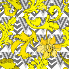 Vector Golden monogram floral ornament. Black and white engraved ink art. Seamless background pattern.