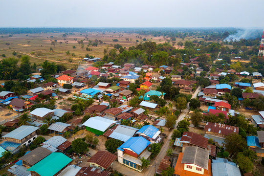 Top view Aerial photo from flying drone.High angle old village in Thailand.