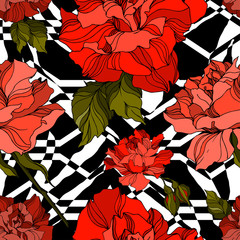 Vector Exotic Zebra print with botanical flowers. Black and white engraved ink art. Seamless background pattern.