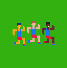 Running men, sport pixel art icon, design for logo, sticker, mobile app, vector illustration. Game assets of an 8-bit sprite.