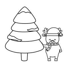 reindeer with hat and tree snow decoration merry christmas line style