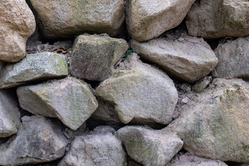 Detail of dirty rough rock stone wall pattern texture nature background.
