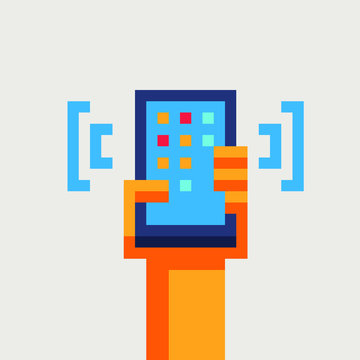 Wifi, hand holding a phone, pixel art icon, design for logo, sticker, mobile app, vector illustration. Game assets of an 8-bit sprite.