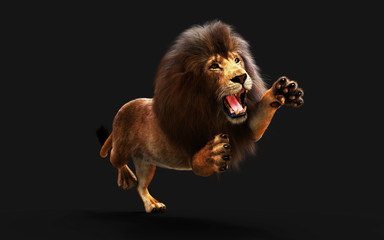 Dangerous Lion Isolated on Black Background, with Clipping Path, 3d Illustration.