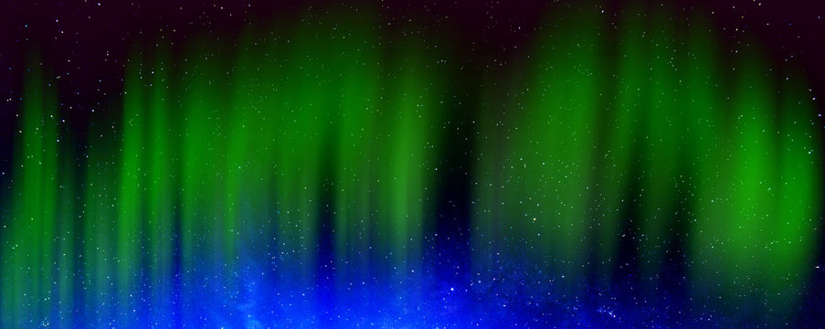 Panorama A beautiful green aurora and blue sky background with stars.