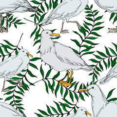 Vector Sky bird seagull in a wildlife. Black and white engraved ink art. Seamless background pattern.