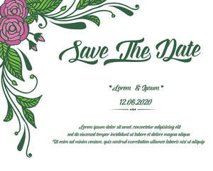 Invitation card of save the date, with vintage style pink rose flower frame. Vector
