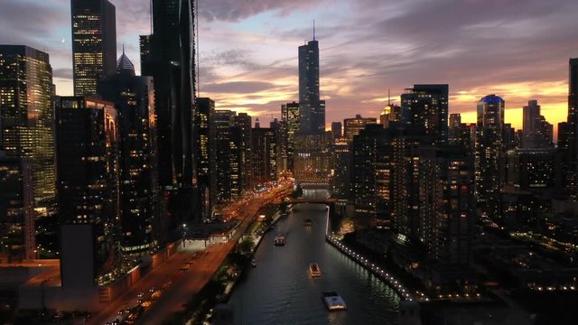 Flying Into Downtown Chicago at Dusk