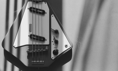 rare bass guitar closeup in the sun light . black and white