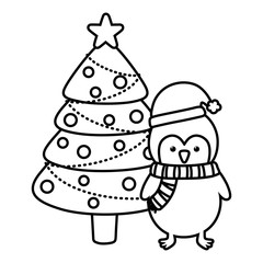 penguin and tree with balls star decoration merry christmas line style