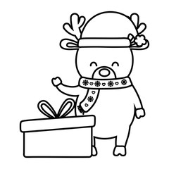reindeer waving hand with gift decoration merry christmas line style