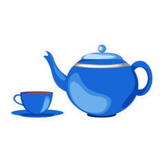 Blue Teapot, Teacup and Saucer - Cartoon Vector Image