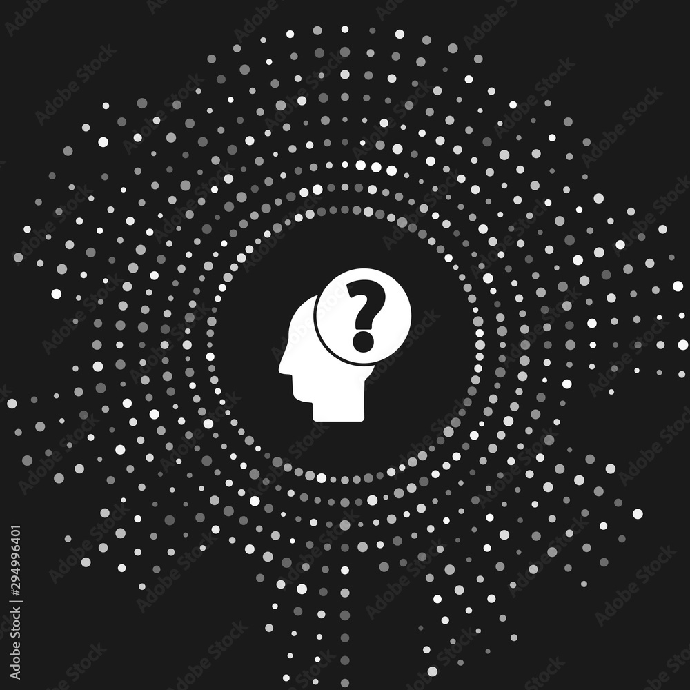Poster white human head with question mark icon isolated on grey background. abstract circle random dots. v