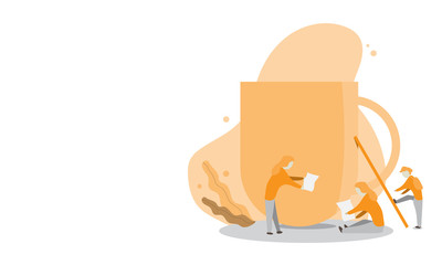 Freelance work vector illustration, Flat design on white background, Focus on work, Cup coffee color orange, Minimal style, Banner website, Man climb a cup