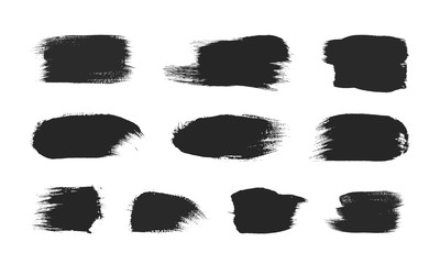 Black paintbrush strokes set isolated on white background. Abstract painted objects. Dirty texture watercolor brush blot. Grungy stain frame for text message. Universal hand drawn ink graphic element