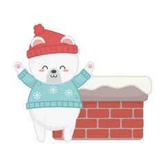 cute polar bear with hat and chimney merry christmas