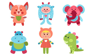 Cute Babies Animals And Human Cartoon Characters Colorful Vector Illustration Set