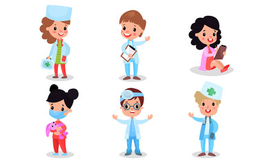 Obraz na płótnie Canvas Different Medical Professions By Boys And Girls In Costumes With Suitcases And Hats With Green Cross Isolated On White Background