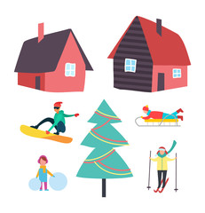 Skiing and winter seasonal hobbies set vector. Snowboarder and skier, people with active lifestyle. Kid with balls of snow, sledges and Christmas tree