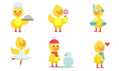 Obraz na płótnie Canvas Yellow Chicken At Different Kind Of Job Cartoon Character Vector Illustration Set