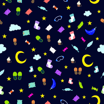 seamless pattern for pajama party. Vector colorful elements for good sleep on black background. 