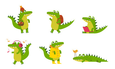 Green Alligarots With Different Emotions In Various Poses Vector Illustrations Cartoon Character